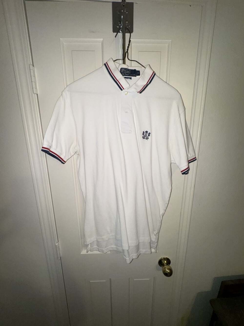 Polo by Ralph Lauren Men's White Pique Polo Shirt with Striped Collar and Crest